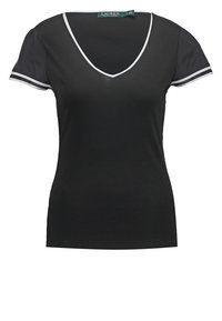 Black short-sleeve fitted shirt with white trim on V-neckline and sleeve edges, ribbed fabric, Lauren Ralph Lauren label inside collar.