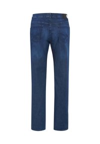 Vue de dos d’un jean en denim bleu à coupe droite avec deux poches arrière et un patch en cuir noir sur la ceinture.