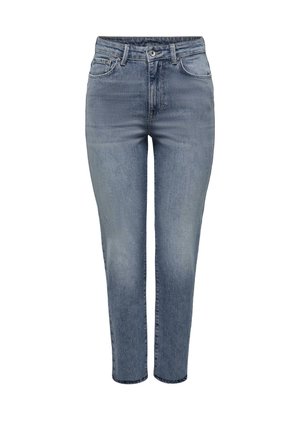 Jeans in denim blu con taglio dritto, vita media, design a cinque tasche e leggeri dettagli scoloriti. Taglia non indicata.