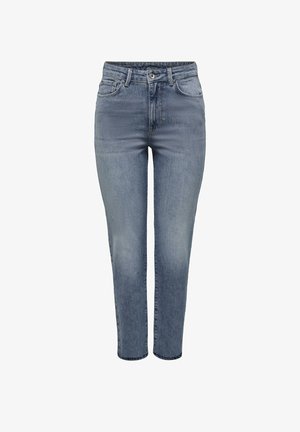 Blå denim jeans med lige pasform, mellemhøj talje, fem-lomme design og subtile falmede detaljer. Størrelse ikke angivet.