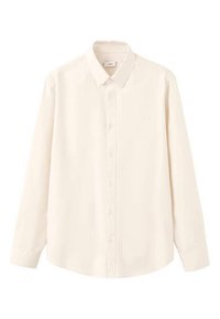 Camicia crema con bottoni, realizzata in tessuto liscio, con maniche lunghe e colletto classico. Presenta un taglio dritto e chiusure semplici con bottoni.