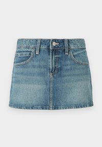 Tässä on denim minihame, mille on iseloomulik helesinine pesu, viie-tasku disain ja nööpkinnitus. Hame on varustatud vöökohaga, millel on vööaugu silmused ja tikandid.