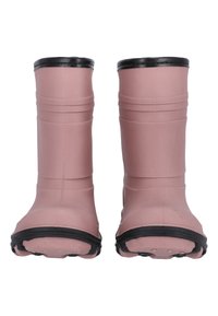 Bottes de pluie en caoutchouc rose avec des bordures noires, présentant une finition lisse, un bout rond et une semelle texturée pour une meilleure adhérence.