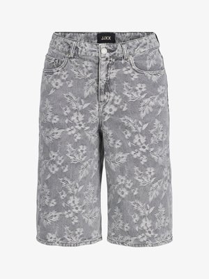 Short en denim gris avec un motif floral subtil sur l’ensemble, bouton devant, fermeture éclair et passants de ceinture.