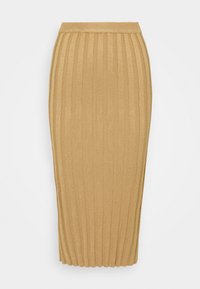Pletená midi sukně ve světlé hnědé barvě, která má vertikální ribovanou texturu a elastický pas pro pohodlí.