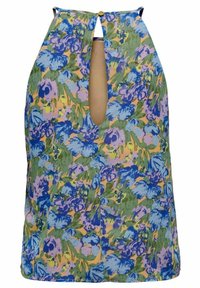 Bloemrijke zondermouwtop met een uitsnede aan de achterkant. Heeft levendige blauwe, groene en roze bloemen op een gele achtergrond, zachte stof en een knoopsluiting.
