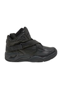 Schwarze High-Top-Sneaker mit einem glatten Leder-Obermaterial, durchbrochenen Details, verstellbarem Riemen und einer gummierten Außensohle mit konturiertem Design.