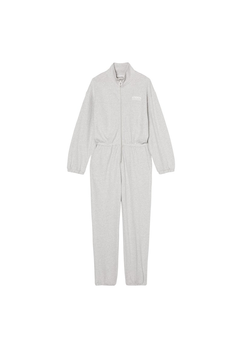 Light gray long-sleeve jumpsuit with high collar, front zipper, elastic waistband, and small white text on left chest.