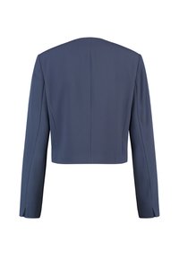 Cropped navy blazer with long sleeves, tailored fit, smooth fabric, and subtle stitching details. No closures or additional accents visible.