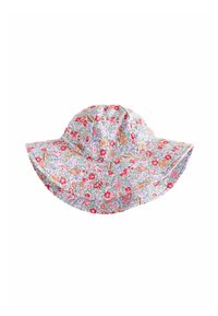 Cappello a secchiello stampato floreale con una larga tesa, caratterizzato da uno sfondo pastello, variopinte fiori assortiti e una texture di tessuto morbido.