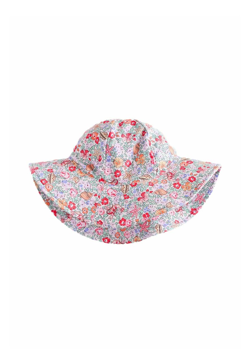 Cappello a secchiello stampato floreale con una larga tesa, caratterizzato da uno sfondo pastello, variopinte fiori assortiti e una texture di tessuto morbido.