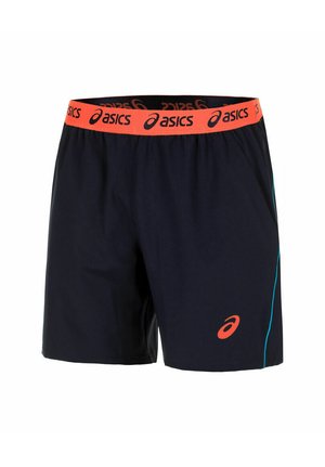 Shorts sportivi da uomo in blu navy, con una vita blu arancione marchiata ASICS, caratterizzati da dettagli turchesi sui lati e realizzati in un materiale leggero.