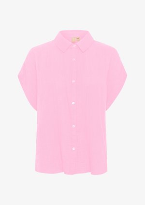 Rožinė trumpomis rankovėmis mygtukinė marškinėliai, pagaminti iš lengvos medžiagos, su klasikiniu apykaklę ir šešiais mygtukais priekyje.