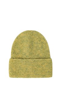 Knit beanie in muted green with ribbed texture; features a folded cuff for adjustable fit and warmth. Soft, wool blend material.