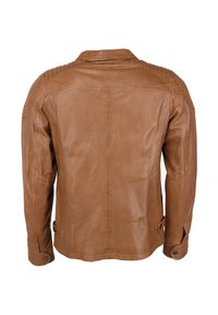 Braune Lederjacke mit klassischem Kragen, sichtbaren Nähten und Knopfakzenten an den Manschetten und Seiten. Rückansicht dargestellt.