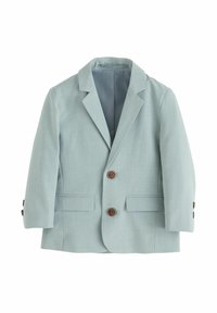 Helle blaue Kinderblazer mit zwei braunen Knöpfen, einem Reverskragen und zwei vorderen Taschen, vor einem weißen Hintergrund präsentiert.