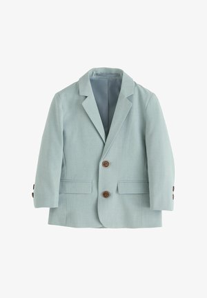Világoskék, gyermek méretű blézer, két barna gombbal, hajtókás gallérral és két elülső zsebbel, fehér háttér előtt bemutatva.