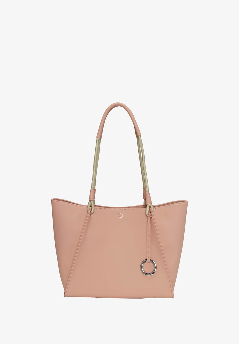 Borsa a tracolla rosa in pelle con manici beige testurizzati, dettaglio ad anello in argento e finitura liscia. Presenta un design semplice e angolare.