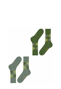 Skarpetki w zielono-szary wzór argyle z teksturowanym splotem, prążkowanymi brzegami i akcentem w kropki; jedna para ma długość kostki, a druga sięga do połowy łydki.