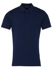 Navyblauwe poloshirt van gladde katoen stof. Heeft een drieknoopsluiting, korte mouwen en een klassiek kraagontwerp.