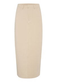 Beige midi-hame, joka on valmistettu sileästä kankaasta. Sisältää vyötärönauhan, vyölenkit ja kaksi etutaskua, joiden ilme on muotoiltu.