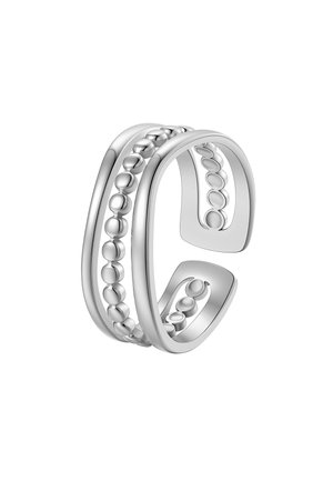 Open silver ring with two smooth bands and a central row of rounded silver beads on a white background.