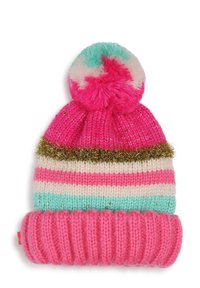 Πλεκτό ροζ καπέλο με φουντωτό πομ-πομ, διαθέτοντας οριζόντιες ρίγες σε ροζ, λευκό και μέντα, και χρυσή γυαλιστερή λεπτομέρεια. Ριμπέ κατώτερη μεριά.