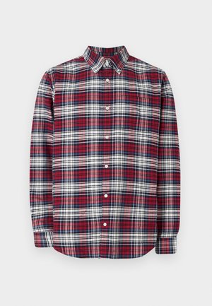 Red, navy, and white plaid long-sleeve button-up shirt with a collar, button front, and single chest pocket. Soft cotton fabric.