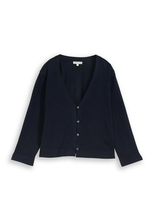 Navy blue long-sleeve cardigan with deep V-neck and four front buttons, laid flat on a white background.