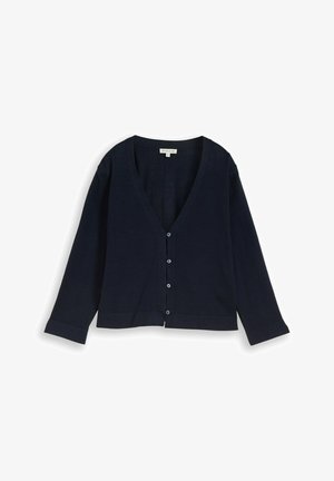 Navy blue long-sleeve cardigan with deep V-neck and four front buttons, laid flat on a white background.