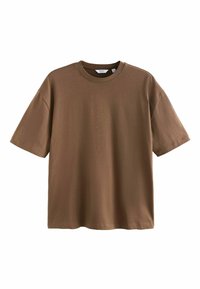 Tricou din bumbac maro cu guler rotund, mâneci scurte și croială lejeră. Textură netedă, fără modele sau detalii suplimentare.