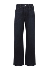 Dark blue wide-leg jeans made of denim. Features a buttoned waistband and front pockets. Smooth texture with minimal stitching details.