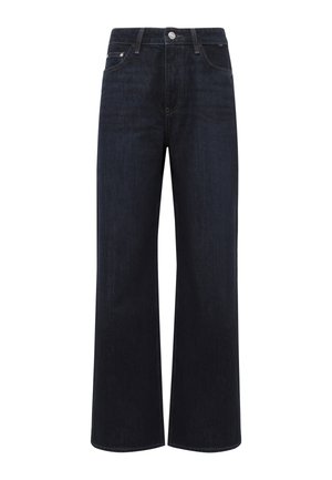 Dark blue wide-leg jeans made of denim. Features a buttoned waistband and front pockets. Smooth texture with minimal stitching details.