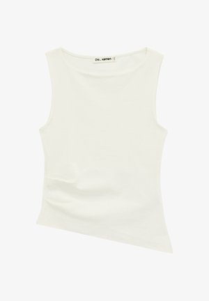 Top blanco sin mangas con dobladillo asimétrico, escote bote y etiqueta de la marca cosida en el interior del escote.