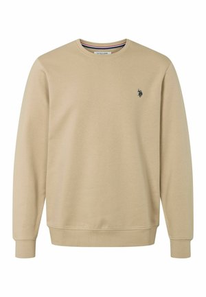 Tricou cu mânecă lungă de culoare bej, cu guler rotund, cu manșete și margine texturate, având un mic logo întunecat al unui călăreț în partea stângă a pieptului.