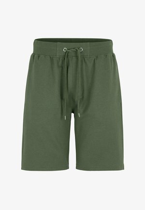 Męskie szorty w kolorze oliwkowej zieleni sięgające do kolan, z elastycznym pasem i regulowanym ściągaczem.