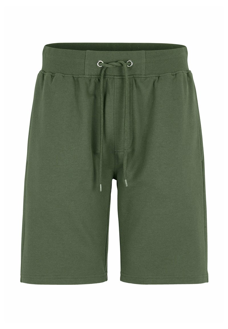 Olijfgroene knielange herenshorts met elastische tailleband en verstelbare trekkoordsluiting.