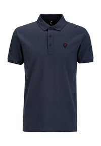 Polo bleu marine en coton doux, avec un col classique, une patte de boutonnage à trois boutons et un logo brodé sur la poitrine.