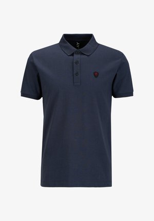 Mörkblå polo t-shirt i mjuk bomull, med klassisk krage, treknäpps plagg och broderad logotyp på bröstet.