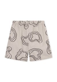 Beige šortky s černým abstraktním vzorem, elastickým pasem a lehkým materiálem. Design zahrnuje volný, uvolněný střih.