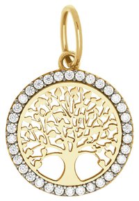 Guld livets träd hänge med en cirkulär design, omgiven av en rad klara, glittrande kristaller. Utsökt grenmönster i mitten.