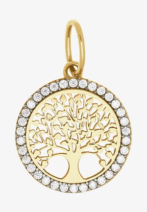 Guld livets träd hänge med en cirkulär design, omgiven av en rad klara, glittrande kristaller. Utsökt grenmönster i mitten.