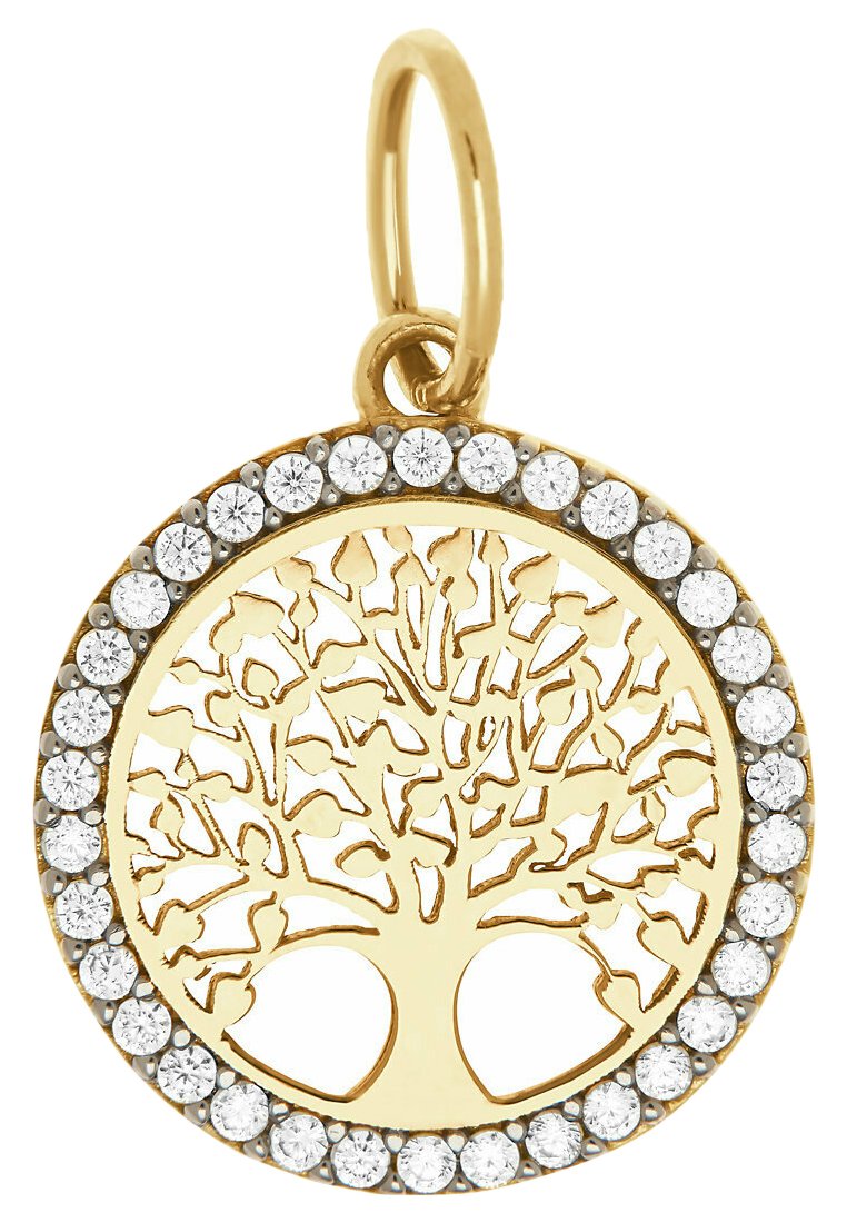 Guld livets träd hänge med en cirkulär design, omgiven av en rad klara, glittrande kristaller. Utsökt grenmönster i mitten.