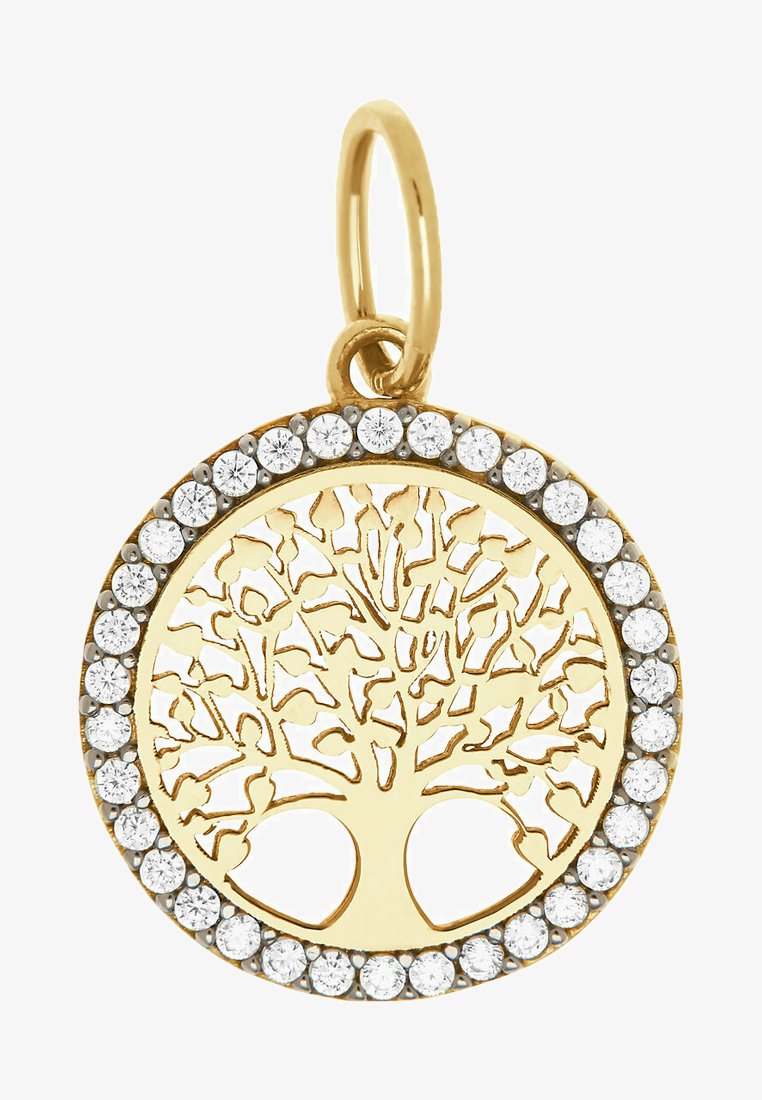 Pendente in oro a forma di albero della vita con un design circolare, circondato da una fila di cristalli trasparenti brillanti. Motivo di ramificazione dettagliato al centro.