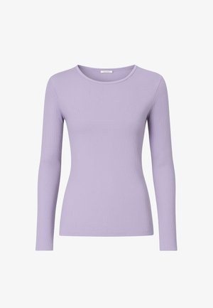 Top a maniche lunghe di lavanda con una texture a coste e un collo rotondo, caratterizzato da un design aderente che si adatta al corpo.