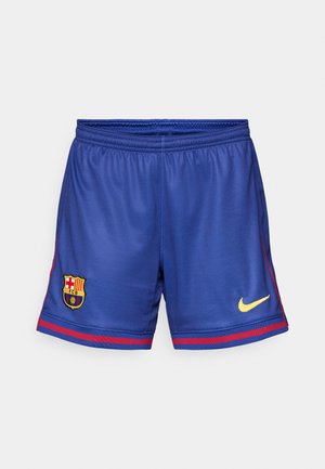 Modré športové šortky vyrobené z ľahkého materiálu, s červeným prúžkom a žltým logom Nike na leme, s emblémom FCB na boku.