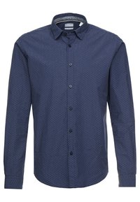 Marinblå långärmad skjorta med knappfront, med ett subtilt geometriskt mönster och svarta knappar. Klassisk krage.