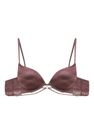 Bra in dark mauve with smooth, padded cups, lace detailing on the sides, and adjustable slender straps. Features a central decorative ring.
