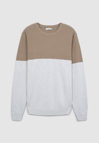 Brązowy i jasnoszary longsleeve z dzianiny o prążkowanej fakturze u góry, gładkie wykończenie poniżej oraz standardowy dekolt okrągły.