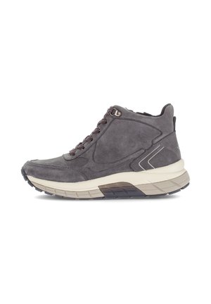 Gray suede high-top sneaker with brown laces, beige midsole, and patterned rubber outsole, shown in side profile on white background.